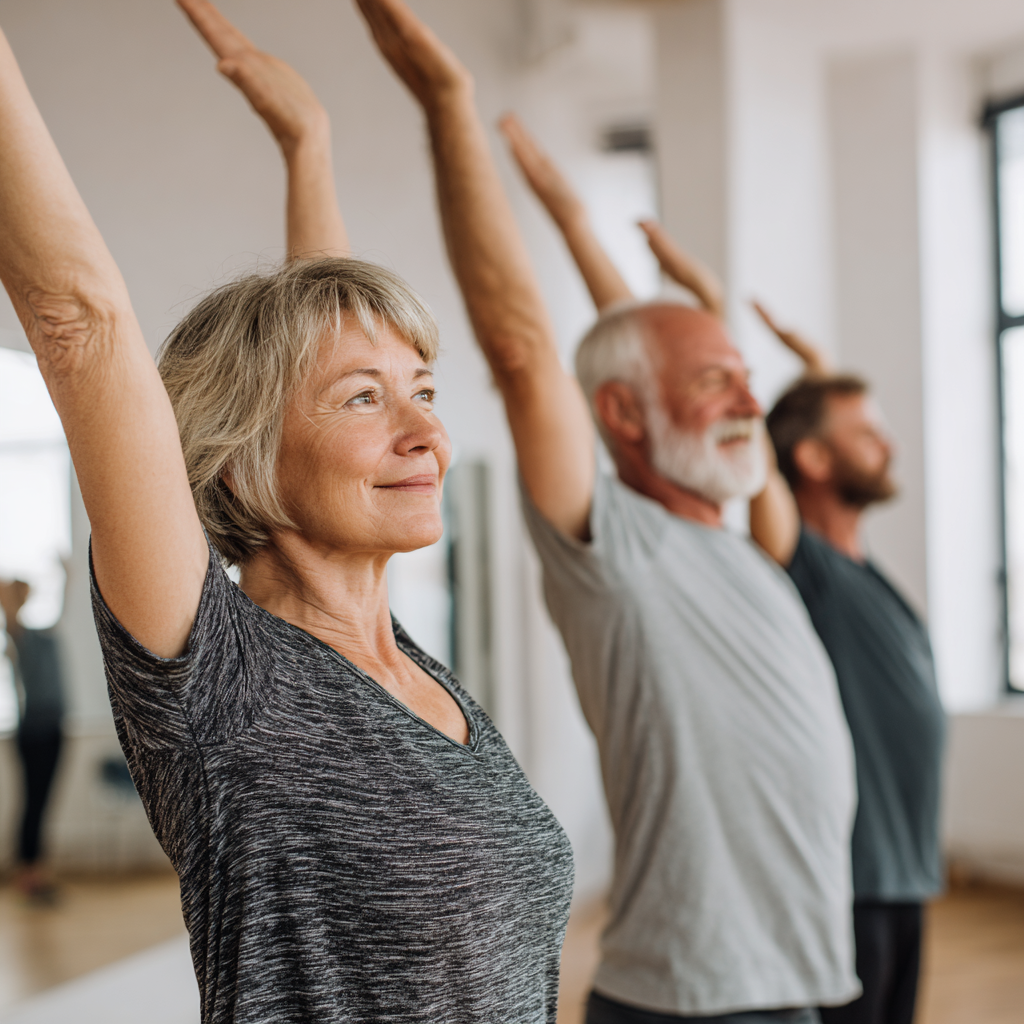 Middle-aged adults practicing gentle fitness exercises in a bright studio